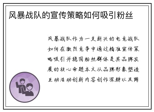 风暴战队的宣传策略如何吸引粉丝