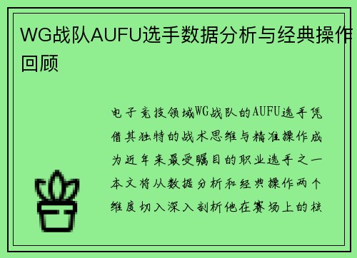 WG战队AUFU选手数据分析与经典操作回顾